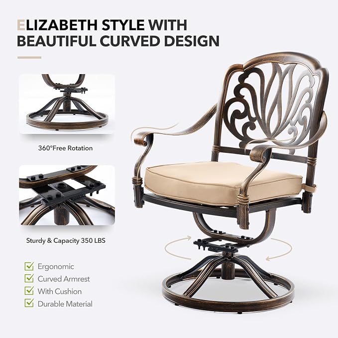 Outdoor Dining Set Cast Aluminum Retro Patio Dining Set with Thicker Cushion and Umbrella Hole for Patio Deck (Bronze Swivel Chair(Elizabeth), 5 Pcs(54" Round Table))