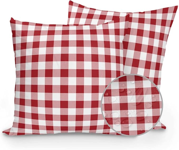 Outdoor Waterproof Throw Pillows Red Gingham Check Patio Pillows Pack of 2,Decorative Pillow Covers with Insert,Pillow Cushion Case for Garden Couch Sofa Country Buffalo Plaid