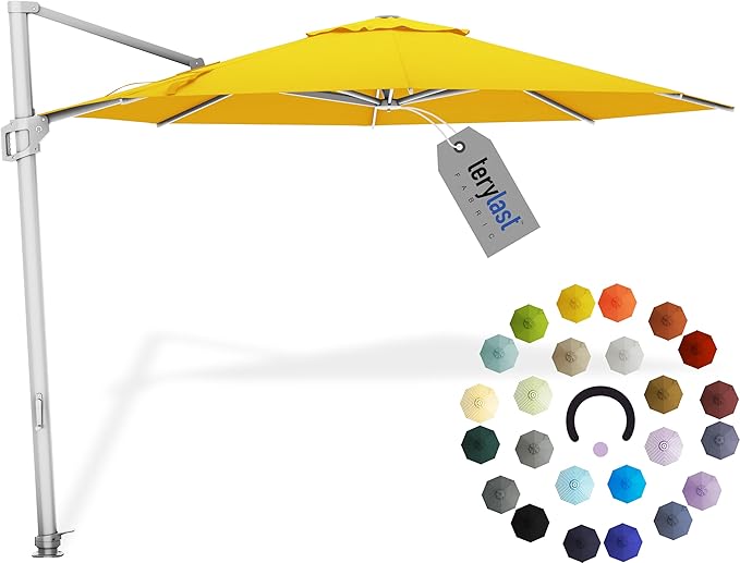 Midtown Umbrellas 10 Ft Outdoor Cantilever Patio Umbrella w/Terylast Sand Tan Fabric - Tilt 360° Offset Patio Umbrella, Deck Patio Umbrella, Backyard Umbrella & Garden Umbrella - Silver Frame