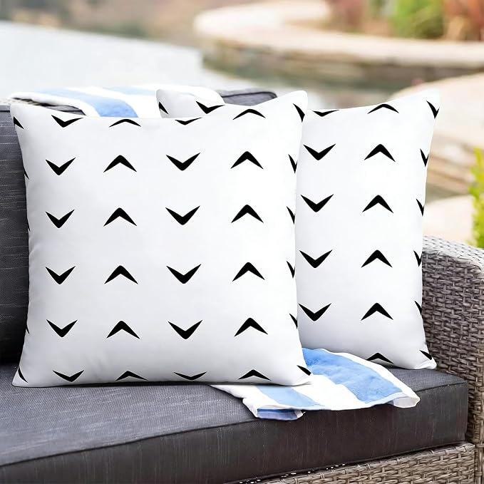 Adabana Geometric Waterproof Outdoor Pillow Covers 18x18 Black and White | Set of 2 Waterproof Design for Patio, Porch, Garden and Beach Decor