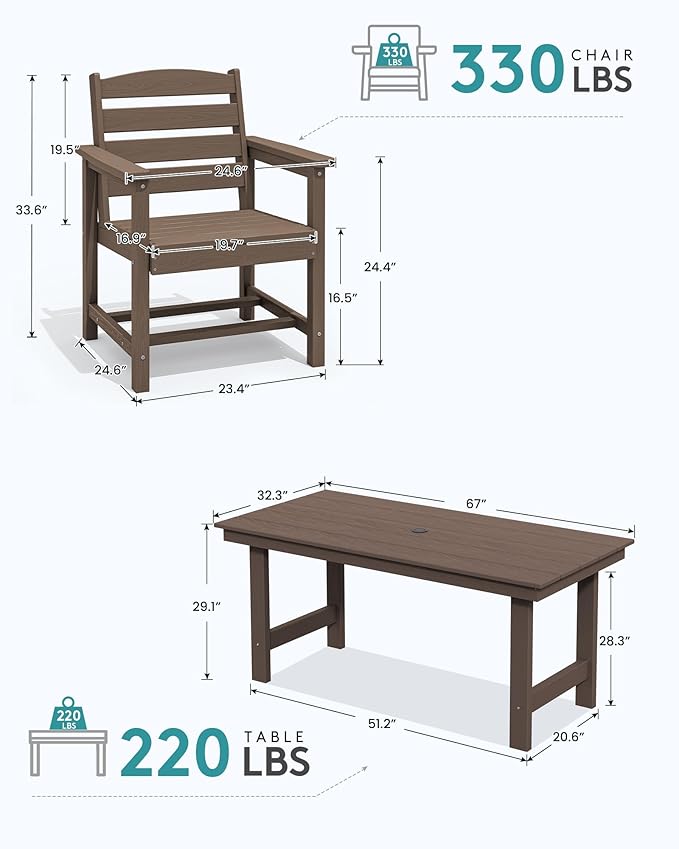SERWALL 8-Pc HDPE Dining Set, 1 Table, 1 Umbrella & 6 Chairs, Coffee | Patio Dining Set with Umbrella, 67"Rectangular Table & 6 Chairs & 15FT Umbrella, All Weather Dining Furniture