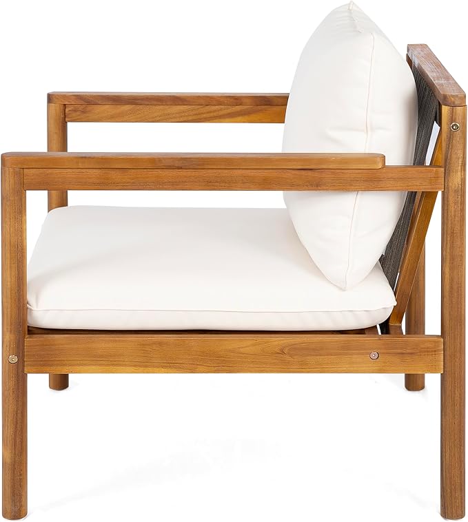 Christopher Knight Home Vorms 4-Piece Acacia Wood Patio Furniture Set with Rope Backrest, Patio Conversation Chat Set for Backyard Balcony, Outdoor 4-Seater Seating Group with Coffee Table, Teak+Cream