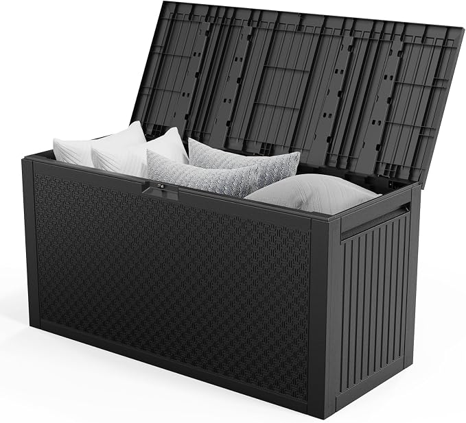 Outdoor Storage Box, 90 Gallon Deck Box, Waterproof Resin Storage Bin for Patio Cushions, Gardening Tools, Lockable, UV Resistant, Black