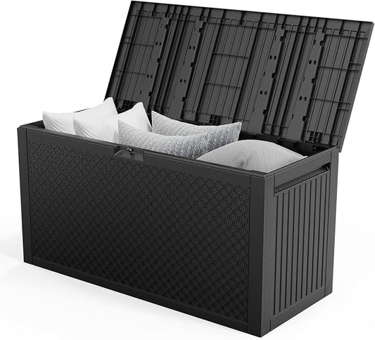 Outdoor Storage Box, 90 Gallon Deck Box, Waterproof Resin Storage Bin for Patio Cushions, Gardening Tools, Lockable, UV Resistant, Black
