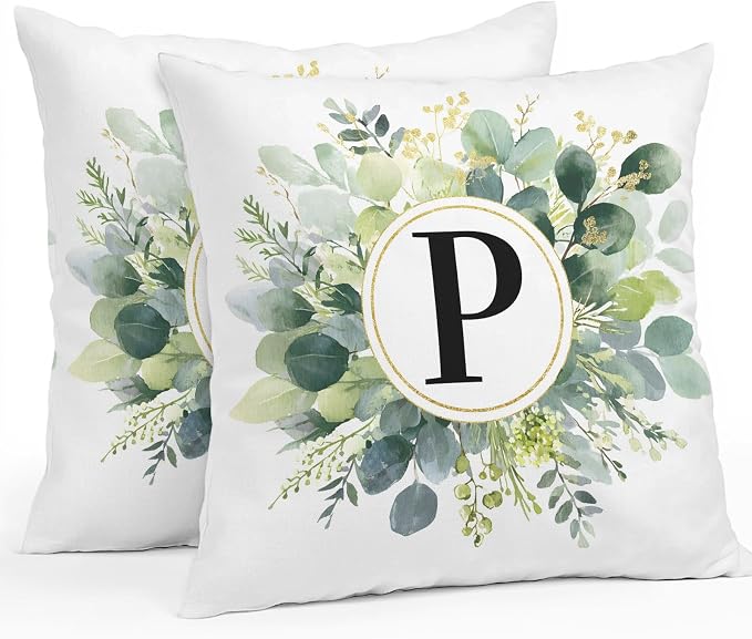 Letter P Waterproof Outdoor Pillow Covers Set of 2 Home Decor, Alphabet Green Eucalyptus Leaves Pillowcase Patio Pillow Covers for Couch Bench Patio Furniture Garden 16x16in