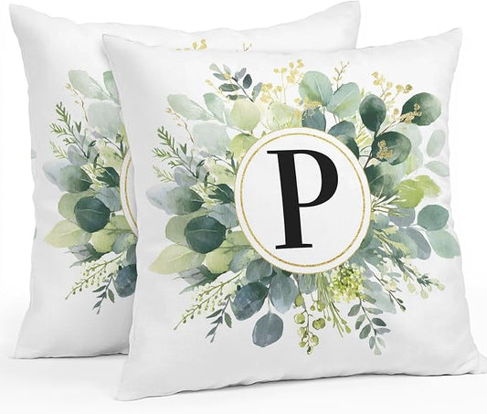 Letter P Waterproof Outdoor Pillow Covers Set of 2 Home Decor, Alphabet Green Eucalyptus Leaves Pillowcase Patio Pillow Covers for Couch Bench Patio Furniture Garden 16x16in