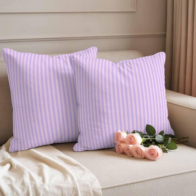 Throw Pillow Covers 18x18 Inch Set of 2, Purple Waterproof Outdoor Cushion Covers, Geometric Vertical Striped Solid Rainbow Decorative Pillowcases for Couch, Sofa, Bed, Garden, Patio