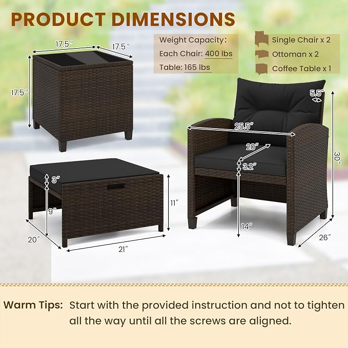 ORALNER 5 Pieces Patio Furniture Set with Ottoman, Wicker Conversation Set w/Cushions, Glass Coffee Table, Outdoor Rattan Lounger Chairs Bistro Set for Porch Balcony Garden Deck Poolside (Black)