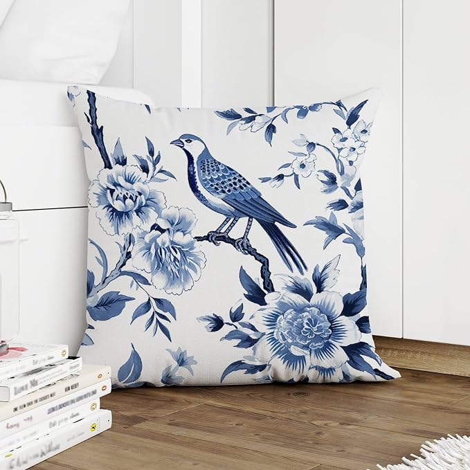 Blue Indigo Floral Chinoiserie Pillowcase Asian Navy Lotus Bird Throw Pillow Cover Abstract Throw Pillow Covers Farmhouse Decorative for Patio Couch Bench 20x20 in