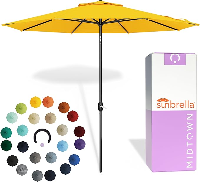 Midtown Umbrellas - The Lean 8 Ft Patio Umbrella with Fade-Resistant Sunbrella Fabric, Auto-Tilt Aluminum Frame and 8 Reinforced Ribs for Deck, Pool & Garden - Yellow Canopy, Black Pole