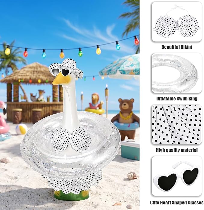 STONESTAR Hawaiian Porch Goose Outfits with Hat Sunglasses & Swim Ring, Summer Bikini Goose Outfit Clothes Costume Fits 23" Cement Geese Statue, Summer Garden Lawn Patio Yard Outdoor Decor