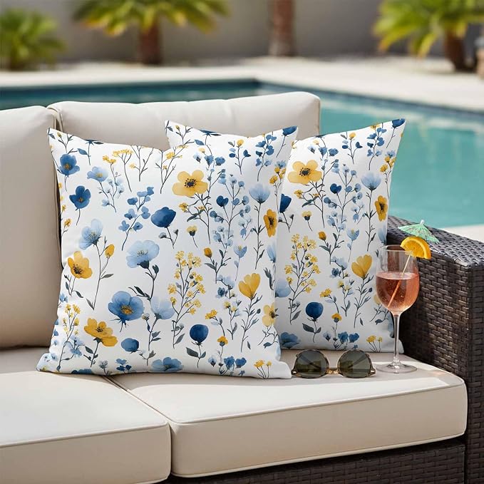 Watercolor Blue Outdoor Waterproof Throw Pillow Covers Set of 2, 26"x26", and Yellow Flower Leaves Spring Plant Decorative Pillow Covers Outside Cushion Case for Patio Porch Garden