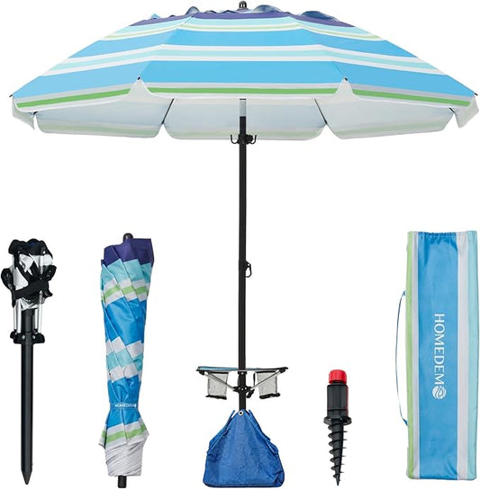 HOMEDEMO 8FT Large Beach Umbrella with Weight Bag & Sand Anchor, Outdoor Umbrellas with Adjustable Aluminum Pole and Table, Heavy Duty Windproof & UPF 50+