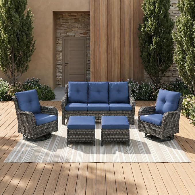 Rilyson Wicker Patio Furniture Set - 5 Piece Rattan Outdoor Sectional Conversation Sets with 2 Rocking Swivel Chairs,2 Ottomans and 1 Sofa for Porch Deck Garden(Mixed Grey/Blue)