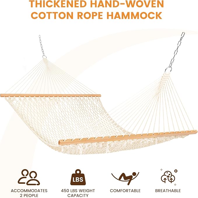 Lazy Daze Hammocks Double Rope Hammock, 2 Person Traditional Outdoor Hand Woven Cotton Rope Hammock with Spreader Bar, Carabiners, Tree Straps, Chains for Patio Yard - Max 450 Lbs, Natural