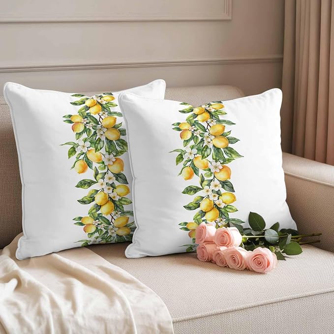 Yellow Lemon Waterproof Outdoor Pillow Covers Set of 2 Home Decor, Simple Spring Botanical Fruit Leaves Flower Pillowcase Patio Pillow Covers for Couch Bench Furniture Garden 26x26in