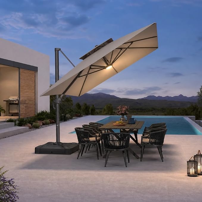 PURPLE LEAF 10' x 13' Cantilever Patio Umbrella with Light, 330lbs Base Large Rectangular Windproof Offset Umbrella for Pool Deck Garden, Pebble Grey