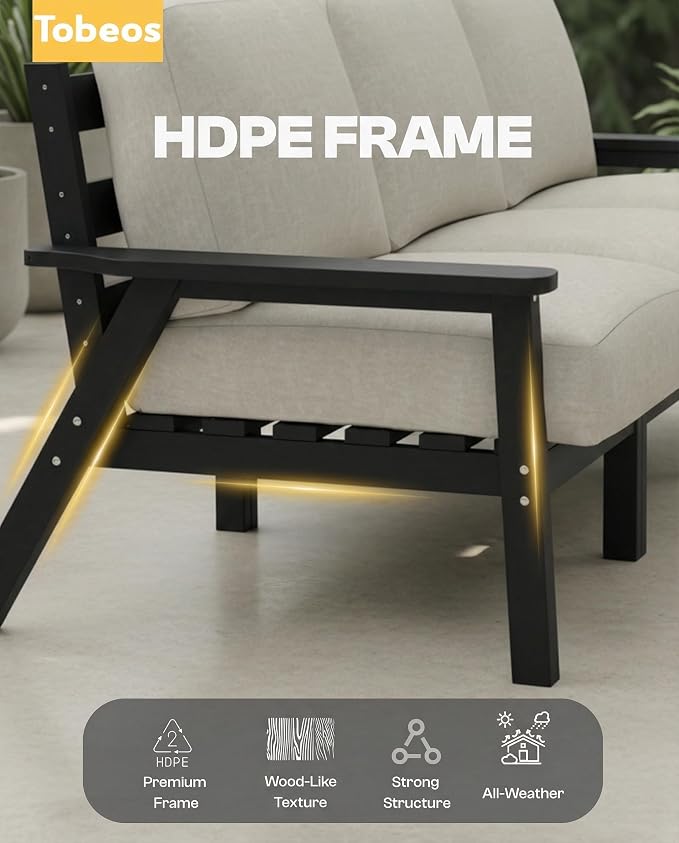 2 Piece HDPE Outdoor Furniture Set with Beige Cushions (Black Frame) | All-Weather HDPE, Modular Design, Extra-Deep Seating, Thick Cushions, Ideal for Backyard, Deck & Porch