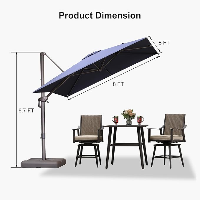 PURPLE LEAF 8' X 8' Cantilever Patio Umbrella Antique Bronze Square Umbrella with 360° Rotation and Aluminum Offset Hanging Outdoor Umbrella for Pool Garden Backyard Deck, Navy Blue