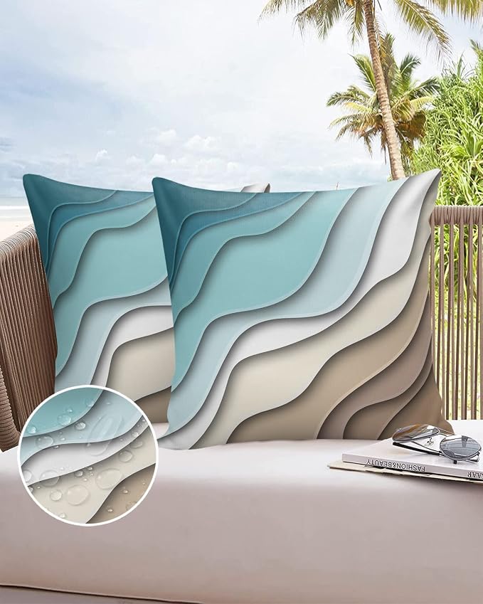 Ombre Abstract Geometry Gradient Teal to Brown Outdoor Waterproof Throw Pillow Covers 24 x 24 Inch Set of 2, Pillowcases Decorative Square Cushion Cases for Patio Furniture Couch Porch Garden