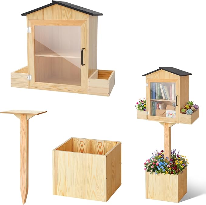 Wonderjune Little Library Box Outdoor Weatherproof Free Library Box Storage with Floor Plugs and Small Flower Fence for Diy, Neighborhoods, Community, Schools Sharing Books, Newspapers