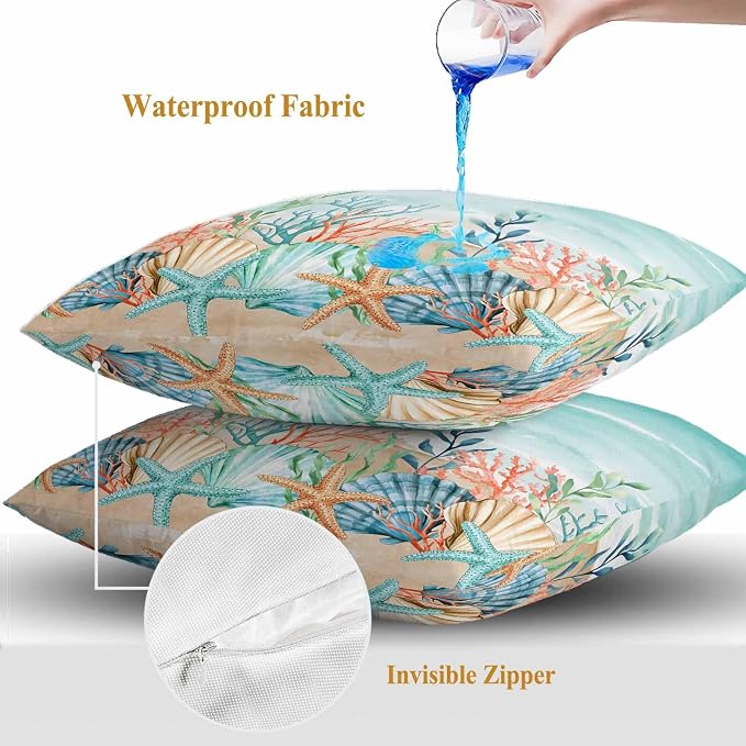 Throw Pillow Covers 16x16 Inch Set of 2, Coastal Beach Waterproof Outdoor Pillow Covers, Ocean Wave Summer Sea Starfish Coral Teal Beige Decorative Cushion Pillowcases for Couch, Sofa, Bed, Patio