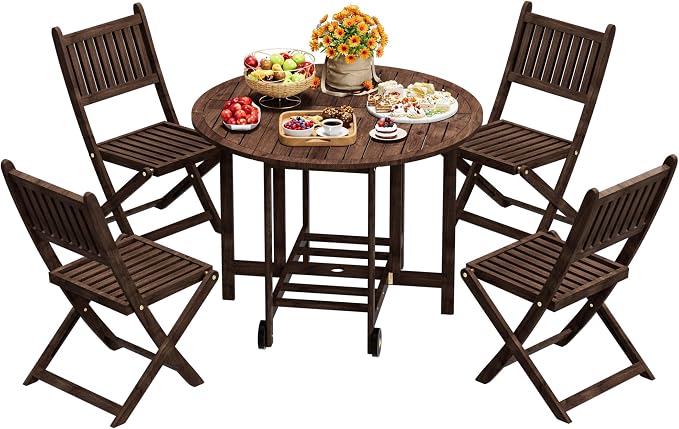 Greesum 5-Piece Outdoor Patio Dining Set, Acacia Wood Folding Bistro Set, All-Weather Furniture with Round Table & Chairs for Garden, Deck, Balcony, Pool, Dark Brown