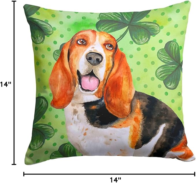 Caroline's Treasures BB9878PW1414 Basset Hound St Patrick's Fabric Decorative Pillow, Green Machine Washable, Indoor Outdoor Decorative Pillow for Couch, Bed or Patio, 14Hx14W