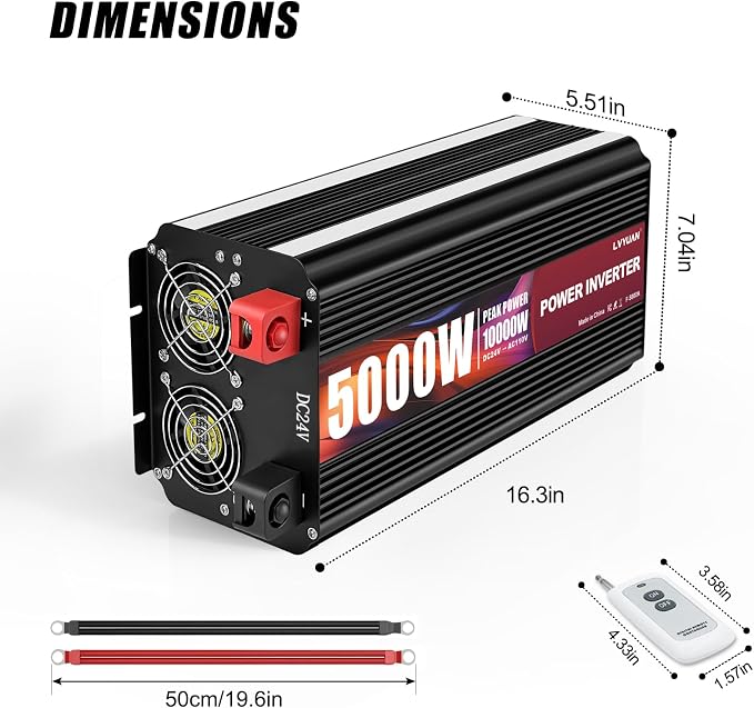 LVYUAN 5000 Watt Power Inverter 24V to 110V 120V for Vehicle, Solar Inverter System, Heavy Duty, RV, Truck, Off Grid,Camping with 4 AC Outlets, LCD Display, Wireless Remote Control, Car Power Inverter