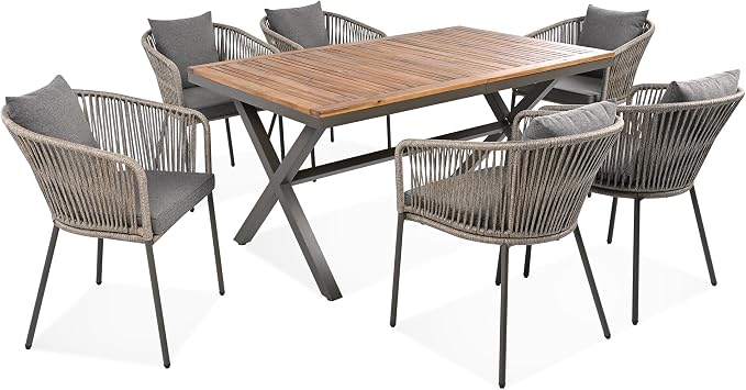 Modern 7 Pieces Patio Dining Set,Dining Table and Chairs, Acacia Wood Tabletop, Metal Frame,Outdoor Furniture Set for Garden, Backyard, Balcony