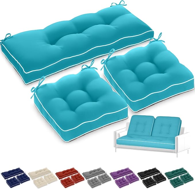 Wenqik 44 x 19 x 4 Inch Outdoor Bench Cushion Set of 3 Waterproof Tufted 1 Patio Loveseat Cushions and 2 Square Chair Seat Pad for Outdoor Furniture Couch Swing Sofa Wicker Settee(Lake Blue)