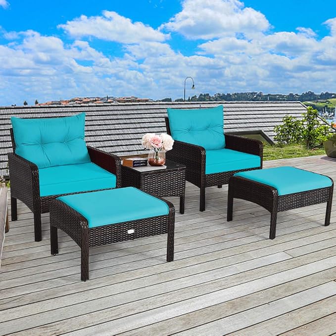 HAPPYGRILL 5-Pieces Patio Furniture Set Outdoor Rattan Wicker Conversation Set with Coffee Table Cushioned Sofas and Ottoman Chat Set for Garden Backyard