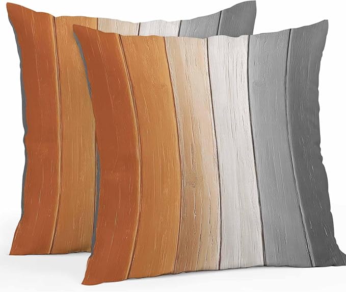 Throw Pillow Covers 24x24 Inch Set of 2, Burnt Orange Gray Ombre Waterproof Outdoor Cushion Covers, Vintage Farmhouse Wooden Decorative Pillowcases for Couch, Sofa, Bed, Garden, Patio