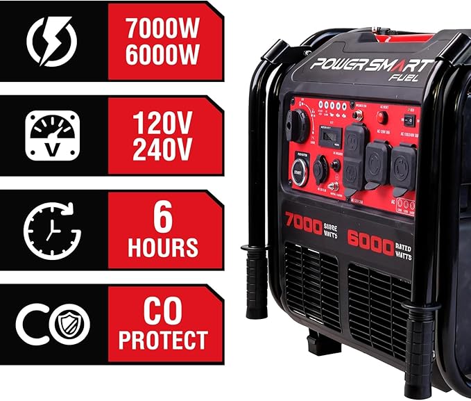 PowerSmart 7000-Watt Open Frame Inverter Generator, 120V/240V Dual Voltage, Clean Power for Sensitive Electronics, Electric Start Portable Generator for Home Backup & RV Camping - Gas Powered