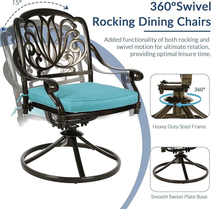 9-Piece Patio Cast Aluminum Dining Set, Outdoor Dining Furniture Set for 8 Person, Includes 64" Square Table, 6 Stationary and 2 Swivel Dining Chairs with Umbrella Hole, Ocean Blue