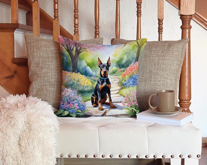 Caroline's Treasures Doberman Pinscher Spring Path Throw Pillow Machine Washable, Indoor Outdoor Decorative Pillow for Couch, Bed or Patio, 14Hx14W