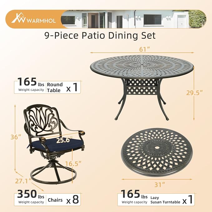 9-Piece Patio Furniture Dining Set, Cast Aluminum Outdoor Conversation Set- 61" Round Patio Dining Table with Detachable Lazy Susan & 8 Cushioned Swivel Rocker, Umbrella Hole, Navy Blue