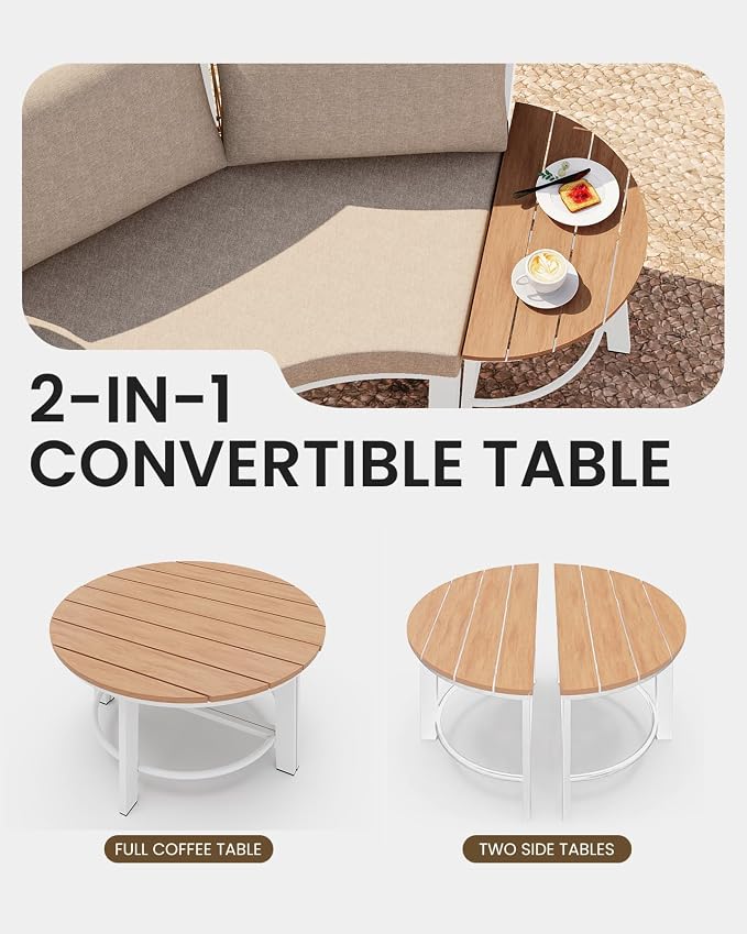 Patio Furniture Set, Aluminum Half-Moon Patio Conversation Sets, Luxury Curved Sofa with PE Rope, All-Weather 4 Piece Outdoor Sectional with Modular Coffee Table & Cushions, White