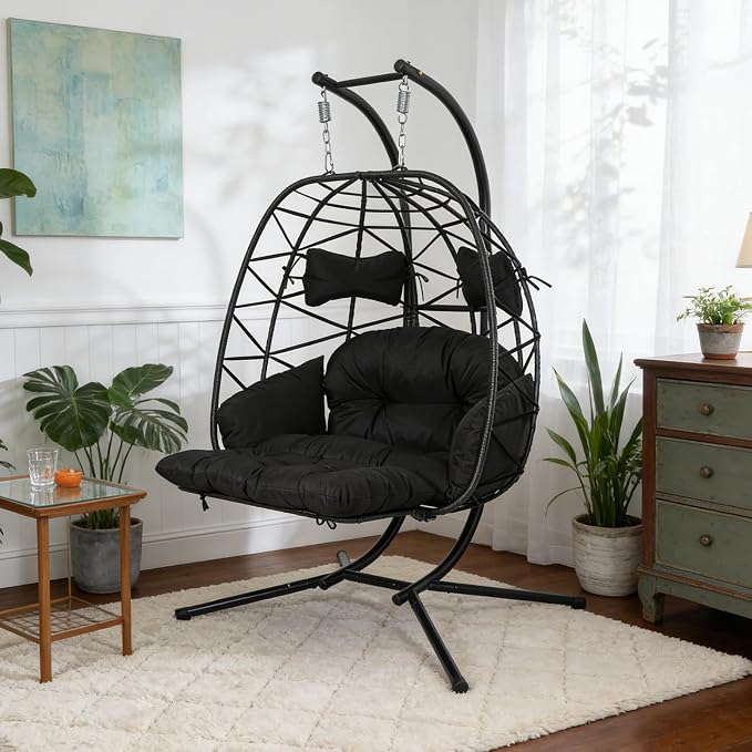 Double Egg Hammock Chair with Stand, Swing Egg Chair, Wicker Hanging Chair with Washable Cushion - Sturdy Metal Stand, 600lbs Capacity for Indoor Outdoor Patio Living Room Etc (Black+Black)