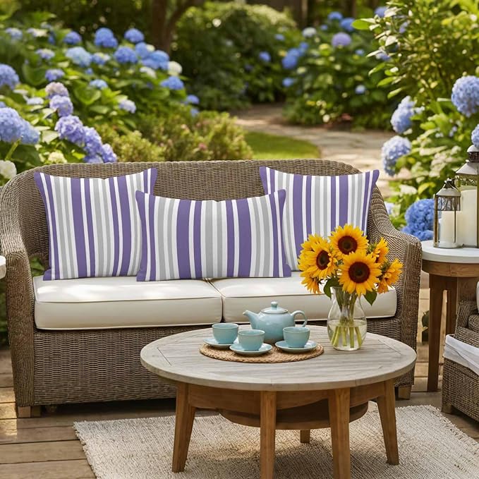 Purple Grey Stripe Outdoor Pillow Covers 16x16 Inch Throw Pillow Covers Set of 2 Waterproof Decorative Pillow Cases Farmhouse Minimalist Striped Cushion Covers for Patio Furniture Garden Couch Sofa