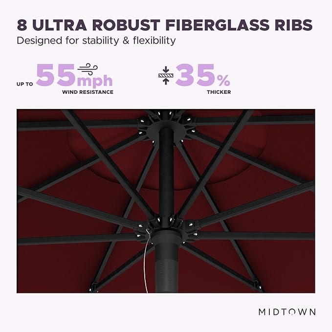 Midtown Umbrellas Push & Pop 9 Ft Patio Umbrellas with Push & Pop Mechanism, Fiberglass Ribs & Sunbrella Fabric – Outdoor Umbrella for Deck, Pool, Cafés and Hotels – Burgundy Canopy, Black Pole