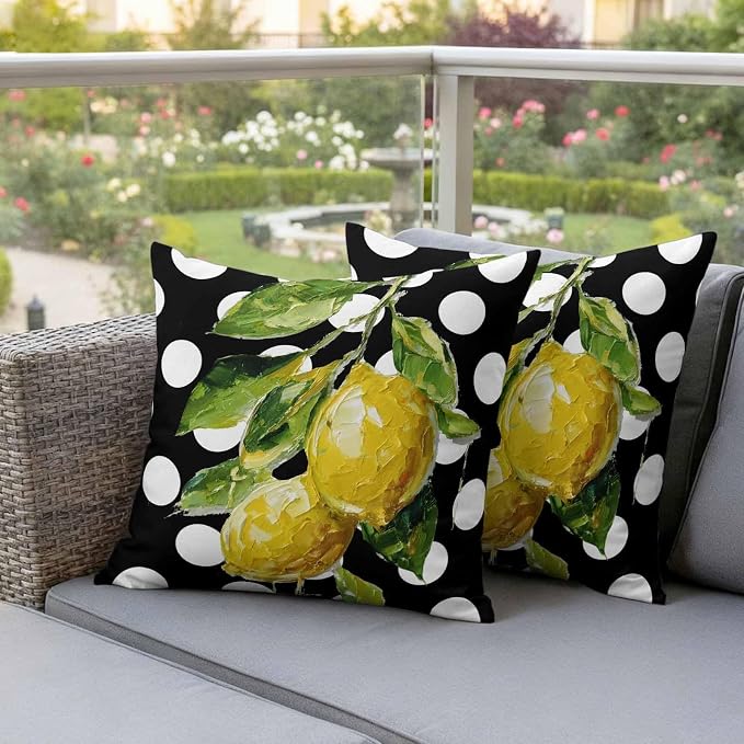 Waterproof Pillow Covers Set of 2,Farmhouse Yellow Lemon Green Leaf Outdoor Pillow Protectors with Zipper Pillowcases for Patio Tent Garden Beach 18x18 Inches Black White Polka Dot