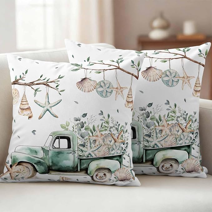 Sage Green Truck Outdoor Waterproof Throw Pillow Covers Set of 2, 18"x18", Ocean Starfish Shell Summer Leaf Decorative Pillow Covers Outside Cushion Case for Patio Porch Garden
