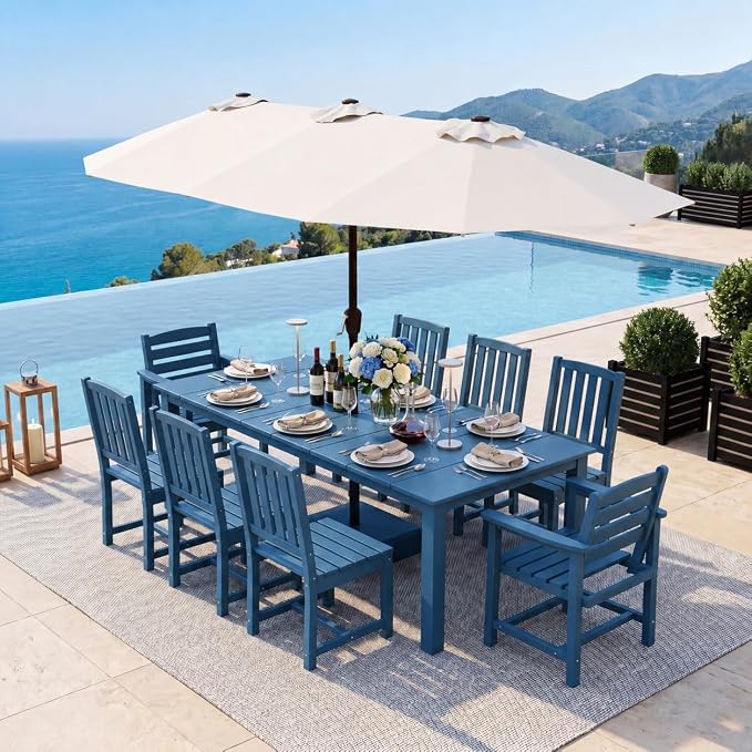 9-Piece Outdoor Dining Set with 15FT Umbrella for 8,Navy Blue | 75.2'' HDPE table, chairs included, weather-resistant furniture with hole, ideal for lawn, poolside, yard, garden, deck