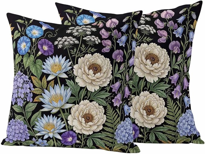 Water Lily Hydrangeas Ferns Outdoor Pillow Covers 26"x26" Set of 2, Botanical Vintage Waterproof Throw Pillow Covers for Patio Furniture, Decorative Cushion Covers for Porch