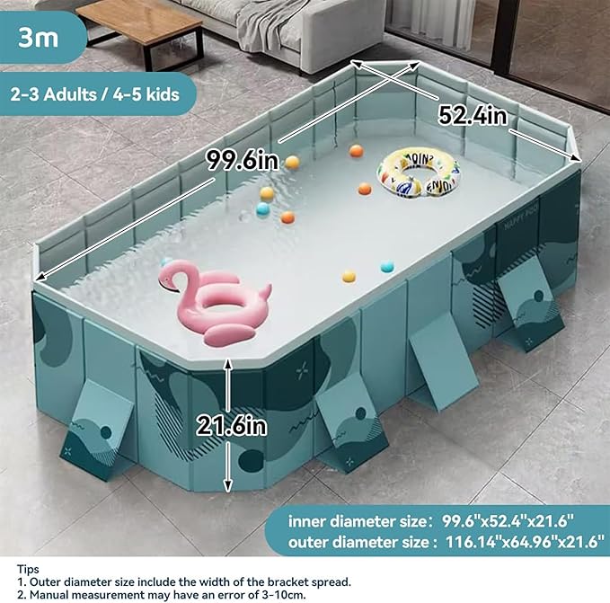 YYW Inflatable-Free Family Pool, Oversized Family Pool for Adults Pet Dogs Foldable Swimming Pool for Indoor, Outdoor, Summer Water Party(113" x 66" x 20")