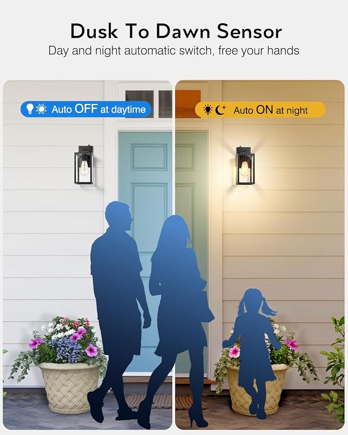 VIANIS 2 Pack Dusk to Dawn Sensor Outdoor Wall Lighting, Black Exterior Light Fixture Wall Mount for House, Anti-Rust Modern Outside Sconce Lantern with Tempered Seeded Glass for Front Porch, Garage