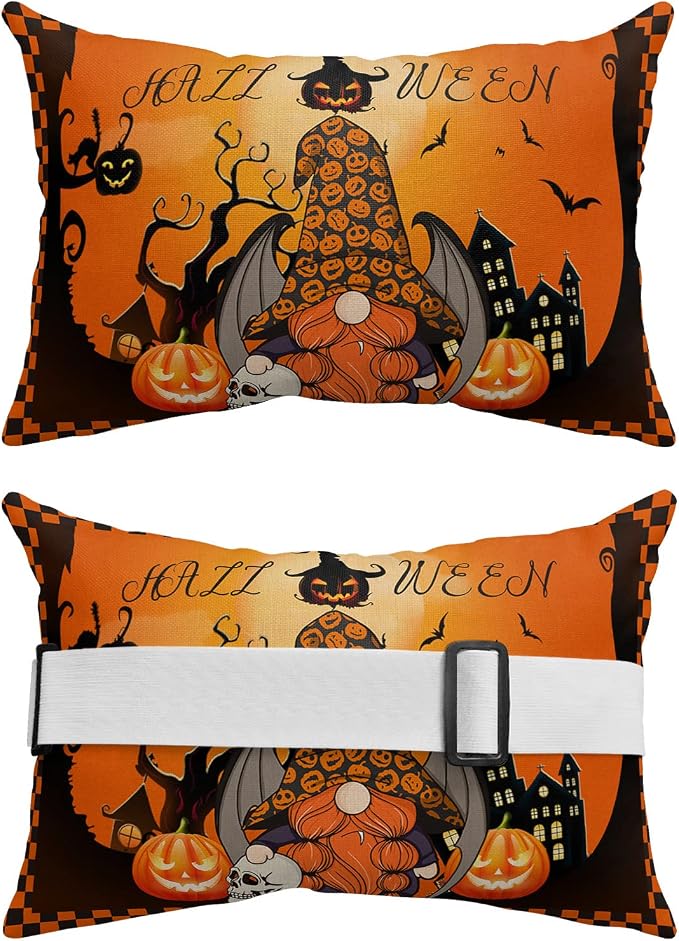 Outdoor Pillows Covers with Inserts Halloween Gnome with Bat Wings Pumpkin Ghost House Waterproof Pillow with Adjustable Strap Throw Pillows for Patio Furniture Recliner Lounge Chair, 11x16 inch, 1PCS