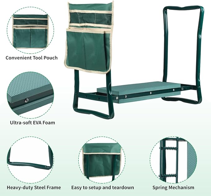 Portable Foldable Garden Kneeler and Seat with Tool Pouch & EVA Pad | Portable Foldable Gardening Kneeling Bench Stool with Tool Pouch & EVA Foam Pad for Gardeners, Seniors & Women