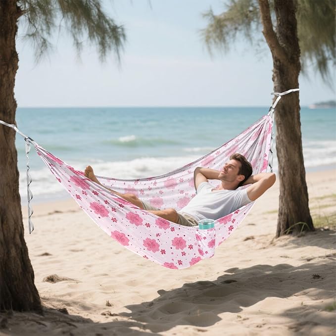 Camping Hammock Outdoor Hammocks for Outside Cherry Blossoms Cute Beach Trees Portable Lightweight with Pockets Tree Straps Indoor